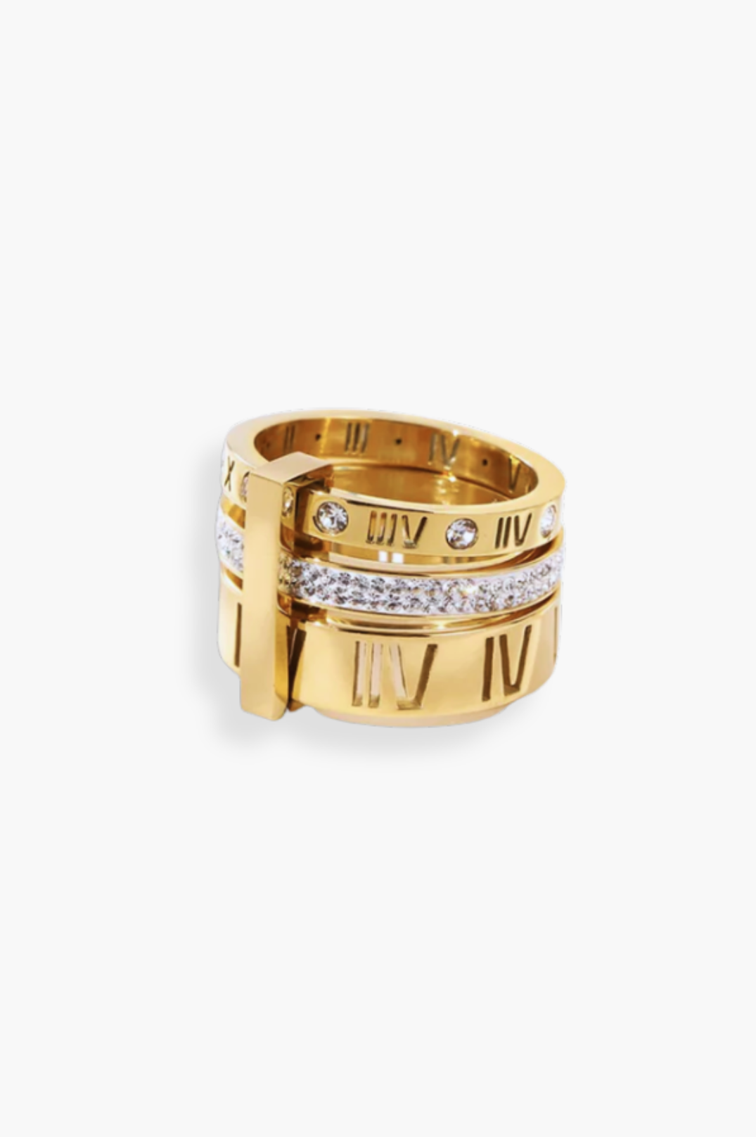 18K Gold plated ring with Roman numeral design on a white background