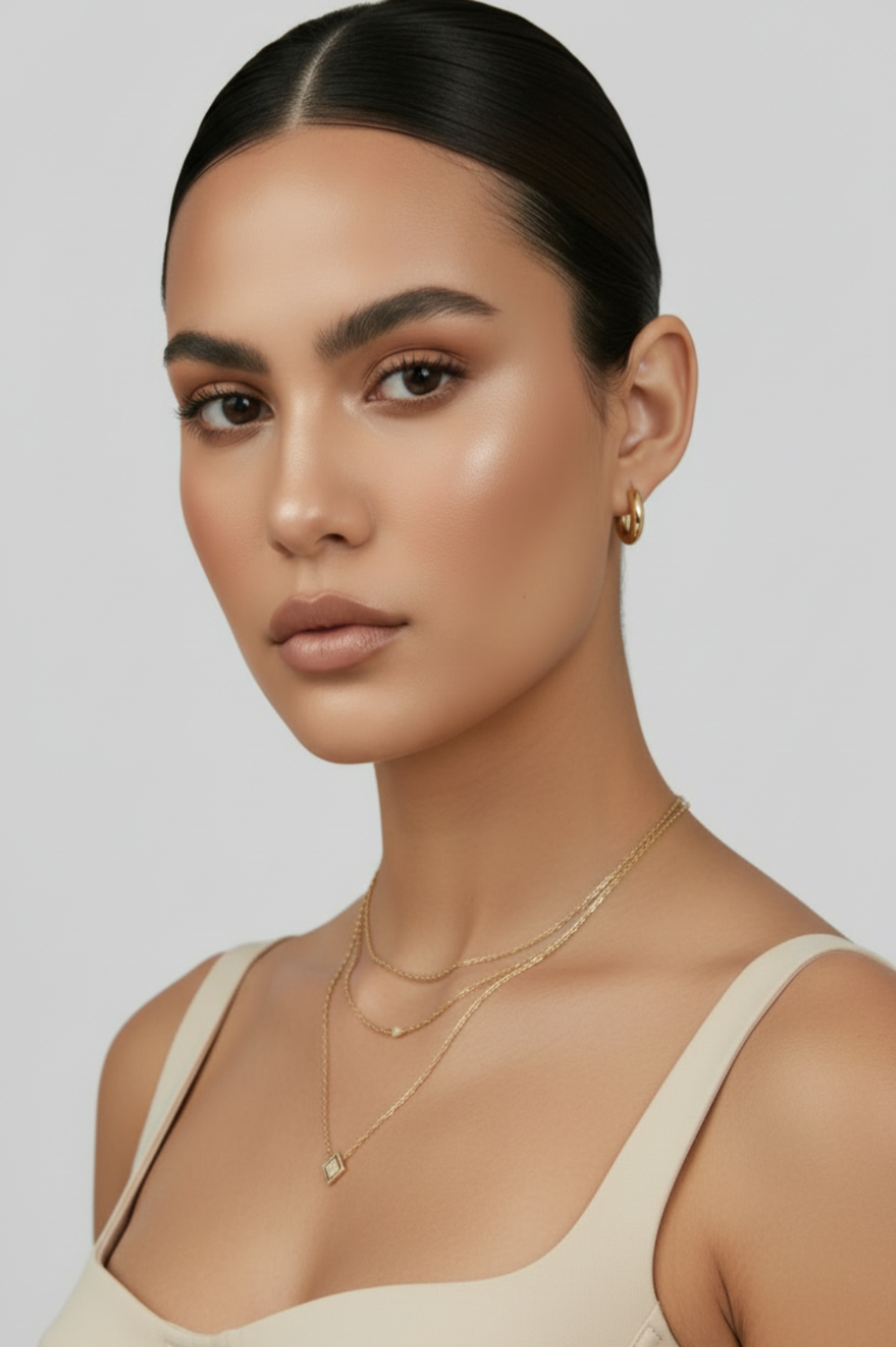 Woman wearing a beige top and gold jewelry against a plain background