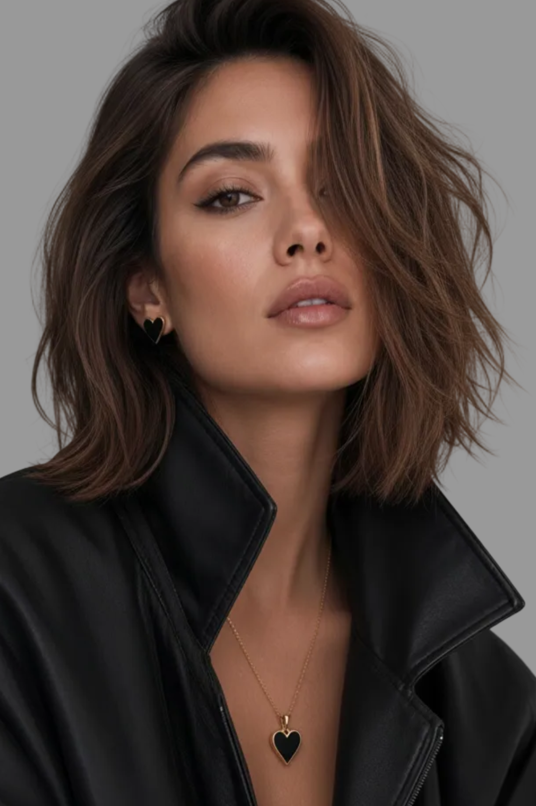 Woman wearing a black leather jacket with a plain background