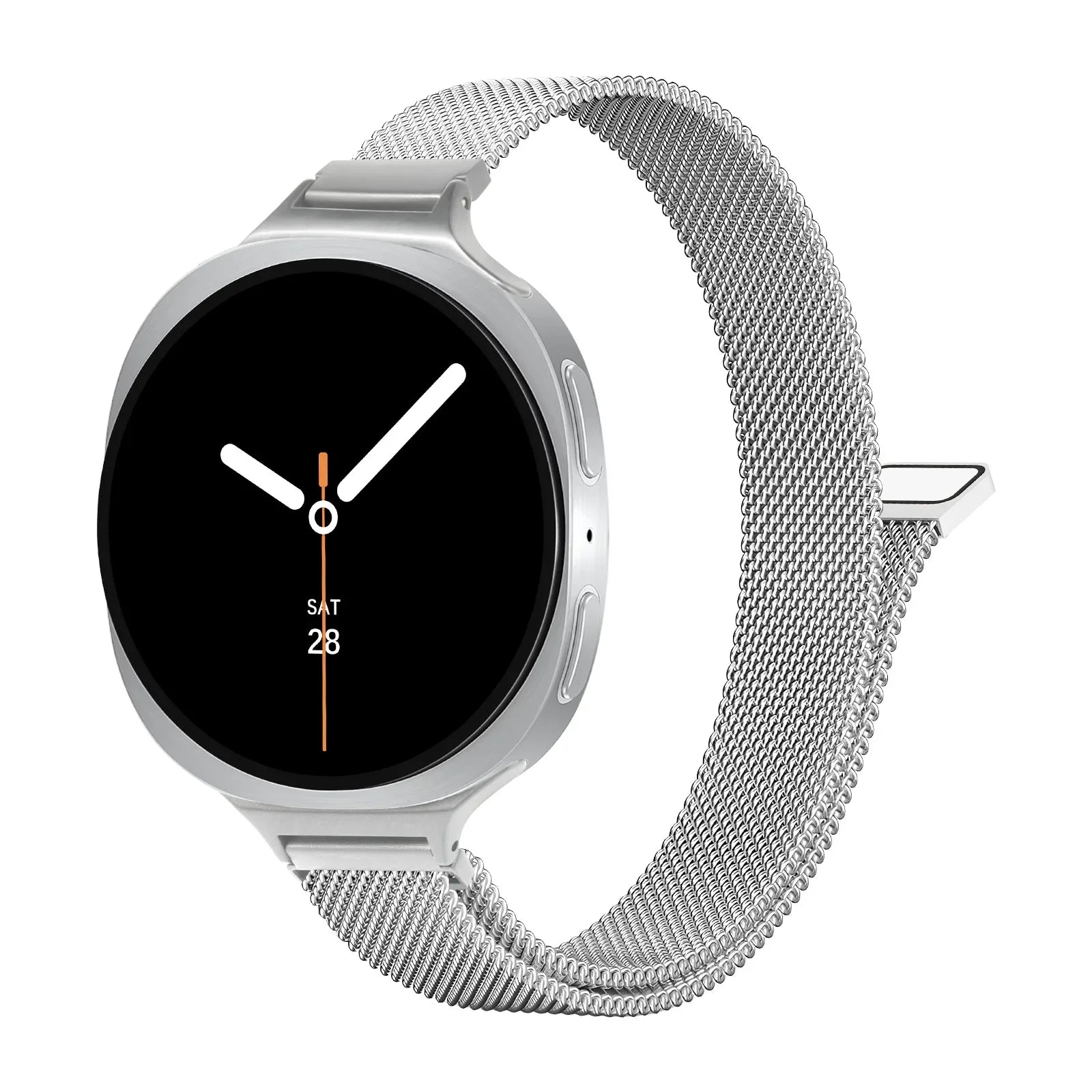 Silver smartwatch with a mesh band on a white background