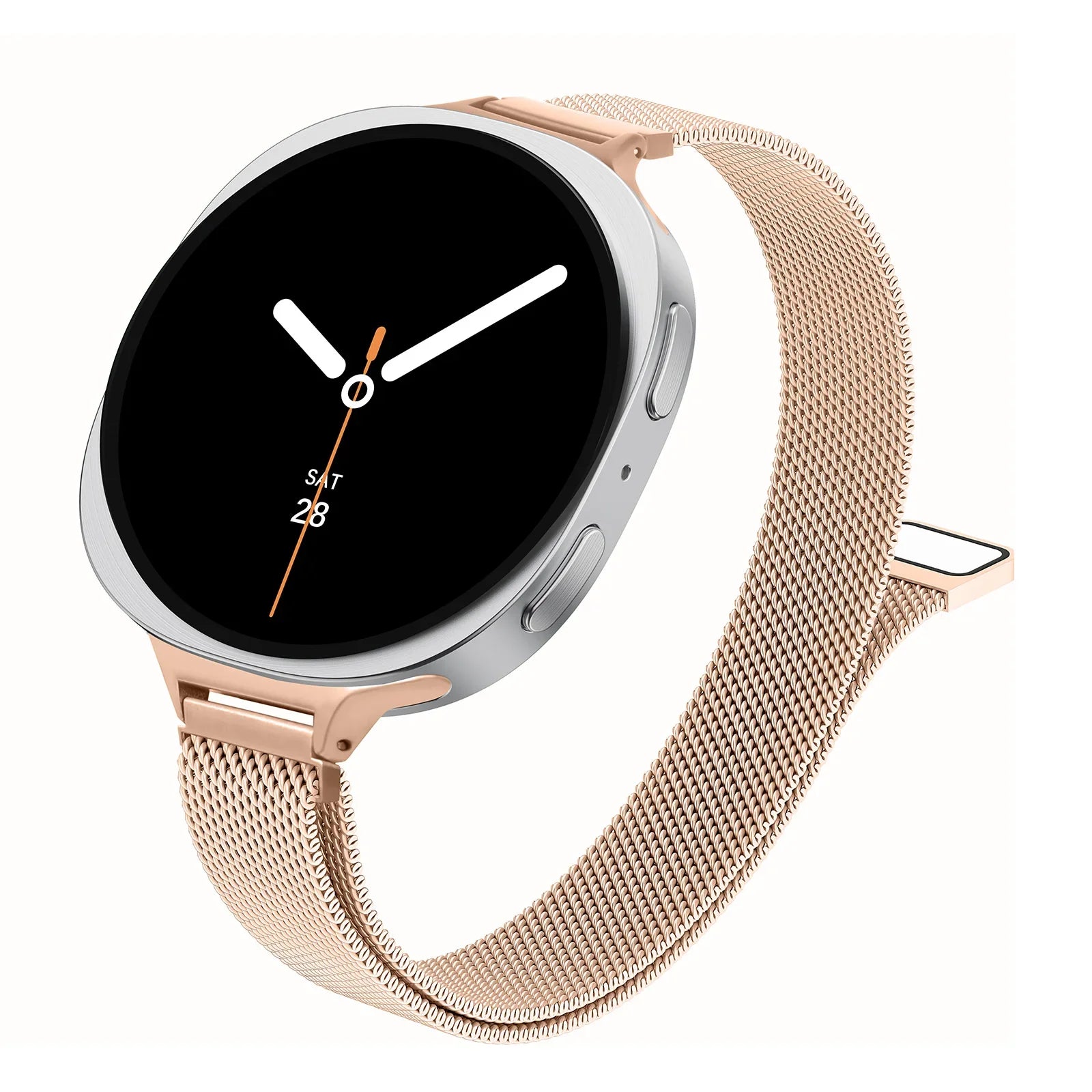 Smartwatch with a rose gold mesh band on a white background