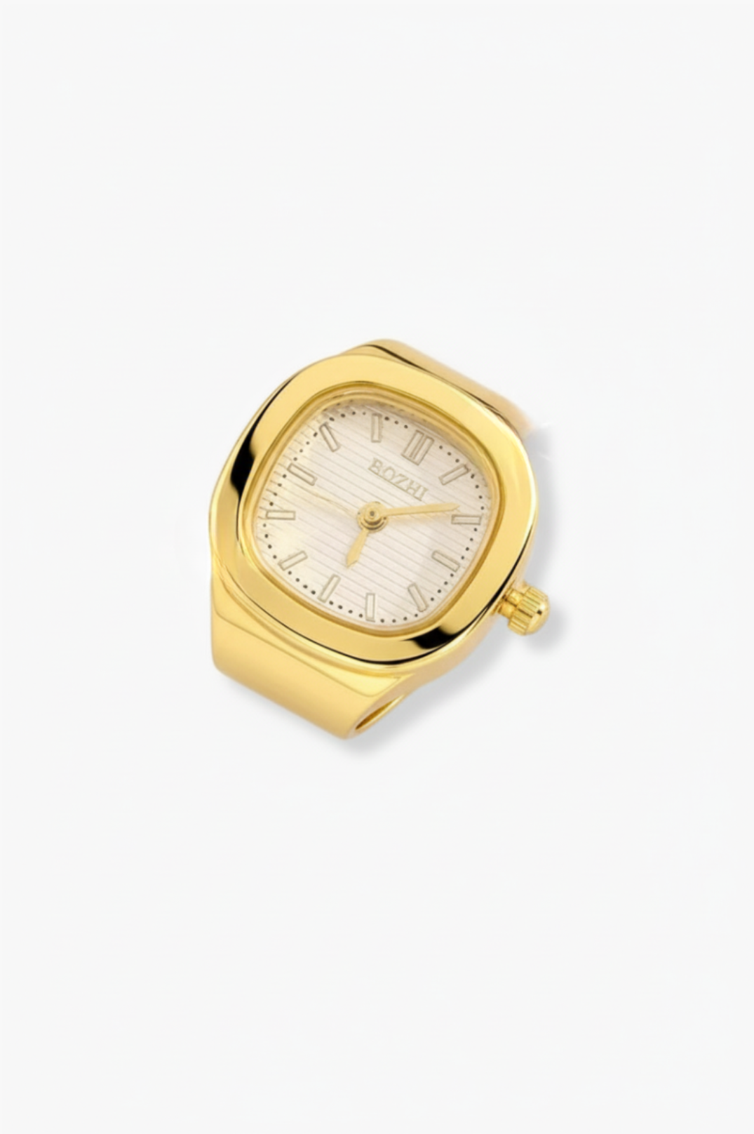 Gold watch with a white face on a white background