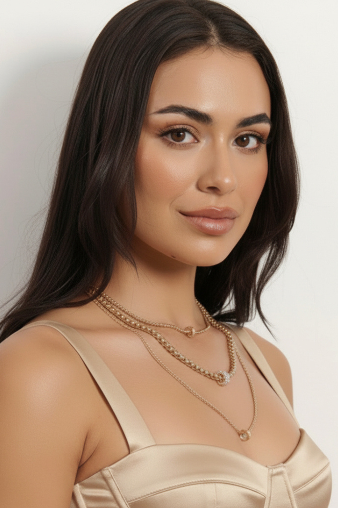 Woman wearing a beige top and gold necklace against a plain background