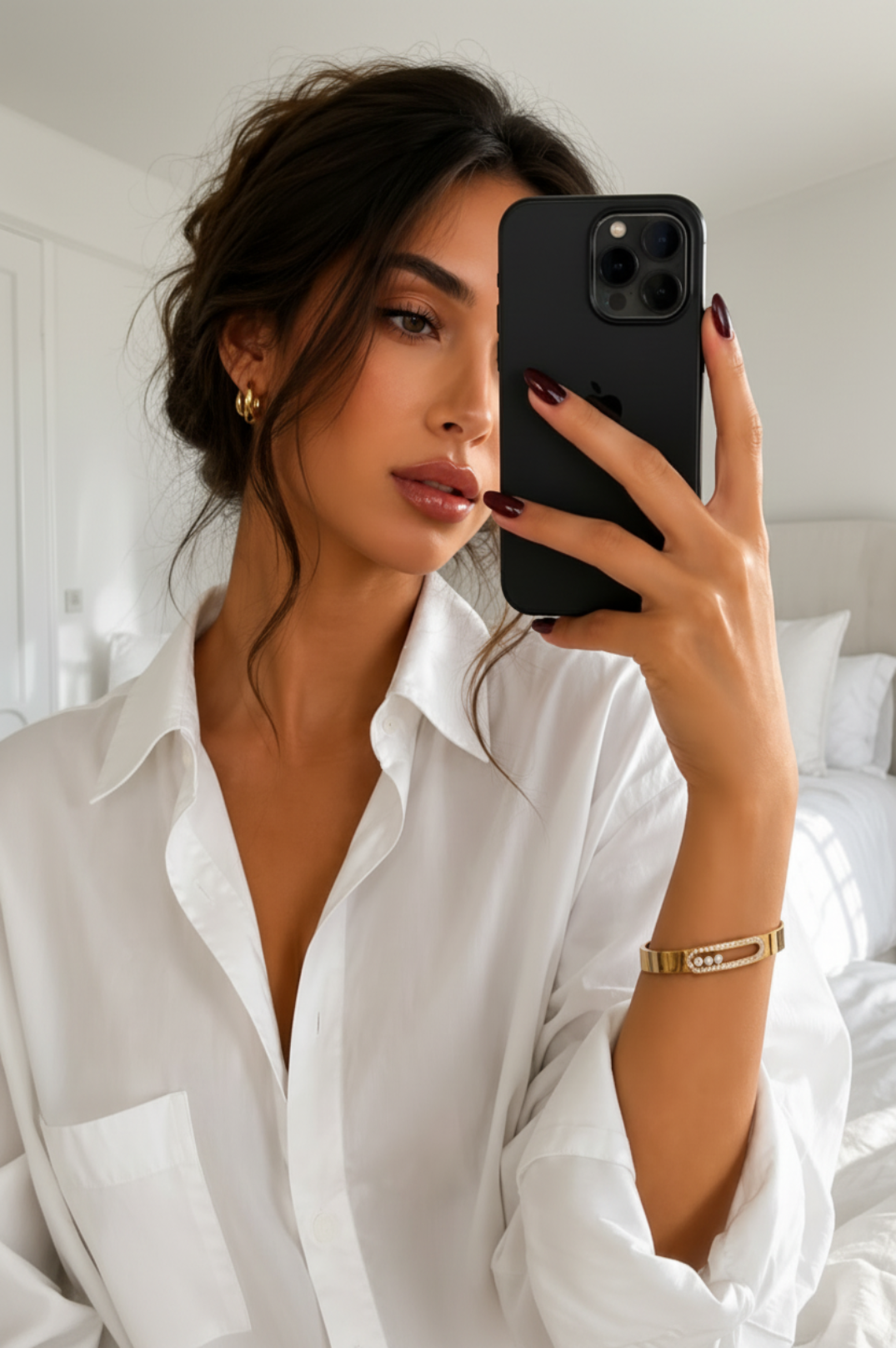 Woman taking a mirror selfie wearing a white shirt in a bedroom.
