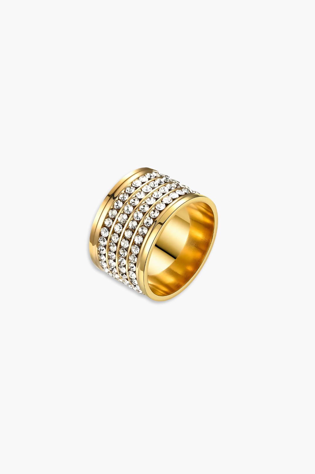 Gold ring with multiple rows of diamonds on a white background