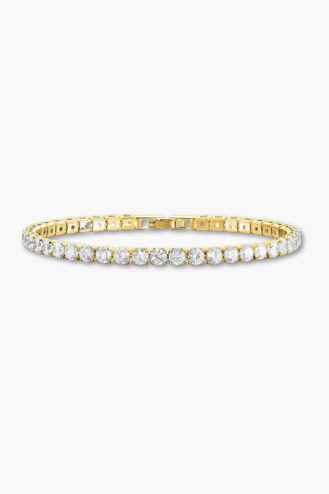 A gold-plated bracelet adorned with cubic zirconia set in a prong basket design.